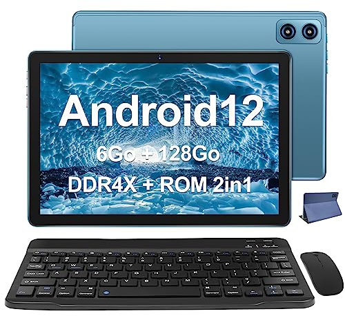 Tablette 10 Pouces Android Tablettes，2.0 GHz 16GB RAM + 128GB ROM (TF 1TB)，Processeur 8 Cœurs, GMS Certified，5G WiFi, Bluetooth 5.0, 13MP+5MP, 8000mAh, 1280*800, Tablette Tactile Clavier & Souris-Bleu