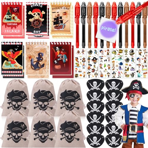 vamei Piraten Mitgebsel Kindergeburtstag Pirate Give Aways Gastgeschenk | Kindergeburtstag mit Kordelzugbeutel Zauberstift Notizblöcke Augenklappe Party Mitbringsel Pinata Füllung Junge Pirat Deko