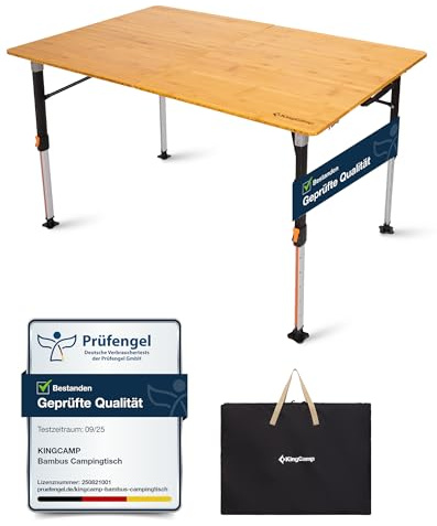 KingCamp Campingbord bambu 120 x 80 cm, fällbord, höjdjusterbart 42 ~ 70 cm för 4–8 personer, 2 vikningar, campingbord, hopfällbart, kan belastas upp till 80 kg