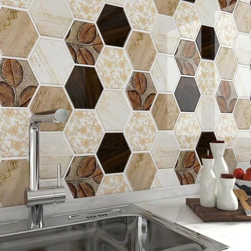 FunStick Kakelklister Kök Trädesign Vägg Klisterfilm Dekor Beige Brun Köksfilm Vägg Självhäftande Kakel Badrumsvägg Klisterplattor Trädesign 3D Vinylplattor Hexagon Brun 30×30CM 5-bitars