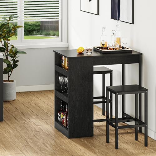 YITAHOME Bartisch mit Barhocker Set, Bartisch 3 Teilig, Esstisch mit 2 Hocker 3 Ablagen, Barhocker mit Metallrahmen, Essgruppe für 2 Personen, Frühstückstisch Möbelsets für Zuhause, Küche (Schwarz)
