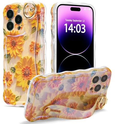 EYZUTAK Case with Hand Strap for iPhone 13 Pro, Colorful Oil Painting Flower With Wristband Kickstand Laser Curly Wave Edge Case Durable TPU Protective Cover for Women - Sunflower/Yellow
