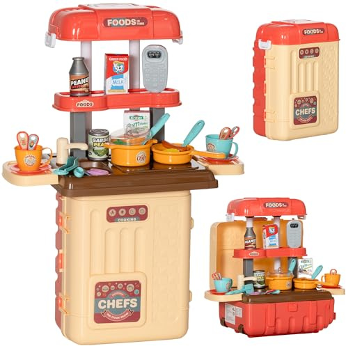 AIYAPLAY Gioco per Bambini 3 in 1 da 36 Pezzi con Tavolo per Posate, Tavolo da Pranzo e Trolley, Cucina Giocattolo in PP e ABS, 48x26x64 cm, Multicolore