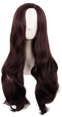 MapofBeauty 28 Pouces/70 cm Cosplay Longue Vague Bouclé Fibre Synthétique Side Bang Anime Fashion Party Perruque (Sombre Brun)