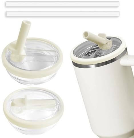 2pcs Leakproof Lid with Straw for Stanley Replacement,No-Spill Cup Lids for Stanley Quencher,Tumbler Flip Straw Lid for Stanley Accessories (Cream, 30oz)