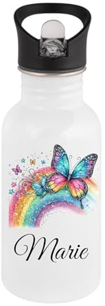 Personalisierte Edelstahl-Trinkflasche mit Strohhalm für Kinder, 500 ml, Einhorn- und Schmetterling-Design, Spülmaschinenfest, BPA-frei, Geschenk zur Einschulung (Regenbogen)