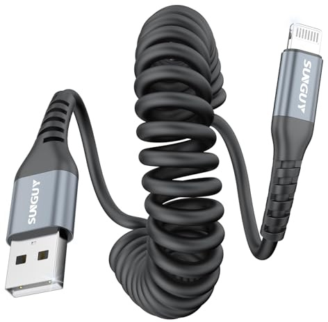 SUNGUY Spiralkabel USB A auf Lightning, iPhone Ladekabel für CarPlay & Rücksitz-Laden, Aufrollbares Lightning Kabel für Mittelkonsole, Reisen & Alltag, 2Stück 1.8m (dehnbar 0.5m-1.2m),Grau