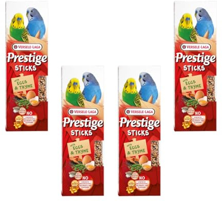 Versele-Laga Prestige Sticks Perruches Œuf & Thym | Pack de 4 | 4 x 60 g | Snack pour Petites perruches | sans conservateurs, colorants ni arômes synthétiques