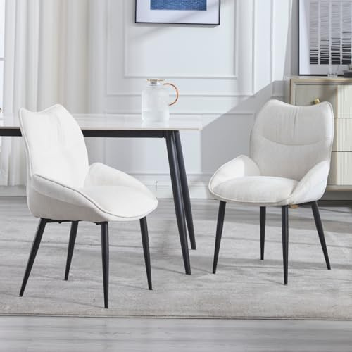DAYALANE Chaise de Salle à Manger Comfortable Lot de 2 Chaises de Chambre en Chenille Doux Chaise Rembourrée avec Pieds en Métal pour Cuisine Salon, Blanc