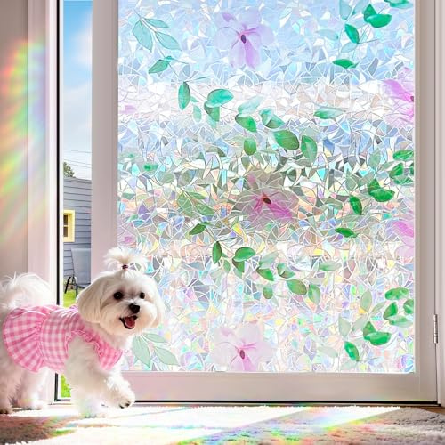 Coavas Window Privacy Film, Stained Glass Window Film Decorative, Rainbow Static Cling Windows Coverings Film, Floral Non-Adhesive Sun Blocking Decals for Home Bathroom Door, Pink, 17.5 x 78.7