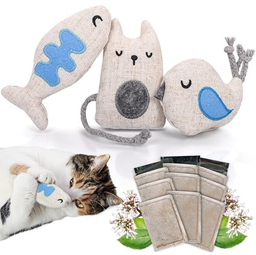 ne&no® KATZENSPIELZEUG MIT BALDRIAN nachfüllbar - 100% natürlich - 3er Set Spieltiere mit 9 Katzenminze Beutel (je 1,5g) - Katzen Baldriankissen