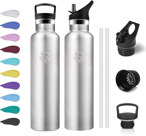 Gourde Isotherme 1L, Bouteille d'eau Acier Inoxydable, Étanche et Réutilisable, sans BPA, Gourdes avec Paille, Bouteille Isotherme pour Jogging, l'école, Camping, Randonnée, Course à Pied, Gym