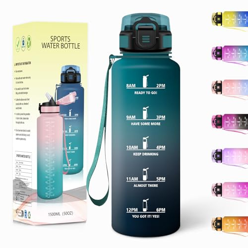 Motswedi Gourde Sport 1500ML Avec Paille, Sans BPA, Motivation avec Marqueur de Temps, Adulte pour Salle de Sport, Camping - Vert Foncé&Gris