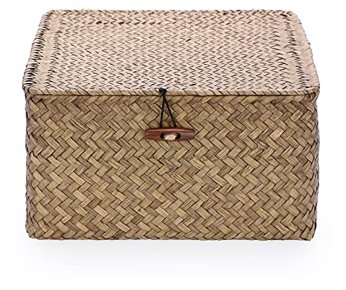 OLegei Cesta de almacenamiento de mimbre con tapa cuadrada cesta para estante organizador de mesa (café, 24 x 24 x 12 cm)