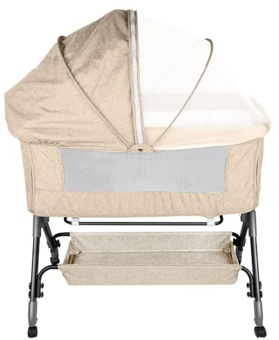 OHMG Beistellbett,Babybett,Babywiege,3 in 1 Babybett Babywiege für Neugeborene,Schaukelbettchen für Zuhause und Unterwegs mit Rädern verstellbare 6 Höhen (Beige Weiß（104X52X103-115cm）)