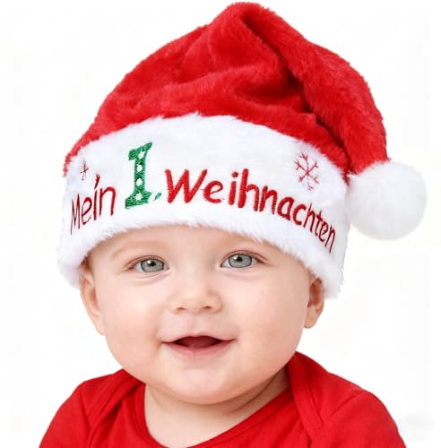 DPKOW Geschenk Mein Erstes Weihnachten Baby Weihnachtsmütze, Nikolausmütze Baby Weihnachtsoutfit Weihnachtskostüm Accessoires, Plüsch Samt Weihnachtsmannmütze Weihnachts Mütze 4-12 Monate