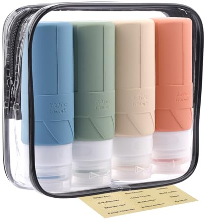FADVAN Set Med Resebehållare För Vätskor – 4 St. Resebehållare I Silikon 100 Ml – Flaskor För Parfym, Duschschampo, Tvättmedel, Användbara Tillbehör (Morandi)