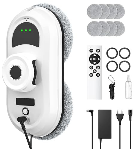 Oamger Fensterputzroboter 5600Pa, Fensterputzroboter mit Sprühfunktion, Fensterreiniger Roboter mit Fernbedienung, 3 Reinigungswege und Kantenerkennungssystem, für Innen- und Außenfenster, 10x Lappen