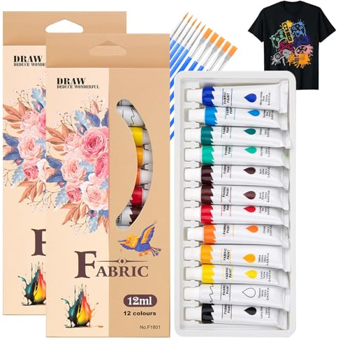 KEORHEZ 2 Pezzi Di Pittura per Tessuti 12 Colori 12ml Ciascuno Colori per Tessuti Permanenti Con 10 Pennelli per Pittura a Olio Adatti per Magliette Scarpe Borse Ecc