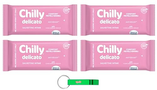 Chilly Delicato Lot de 4 lingettes d'hygiène intime – Idéal pour les peaux sensibles – Avec aloe et hamamélis – Chaque paquet contient 12 lingettes + porte-clés Beni Culinari