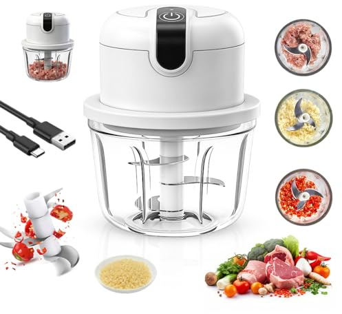 Mini hachoir à oignons électrique - 350 ml - Chargement USB - Sans fil - Petit hachoir à oignons - Hachoir multifonction pour viande, oignons, fruits, ail