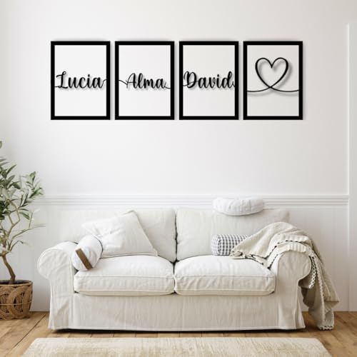 Amaisso Cuadros Decorativos Personalizados con Nombres | 4 Paneles de Madera 40x30 cm | Decoración para Pared de Dormitorio, Salón o Habitación | Regalo de Pareja (3 Nombres)