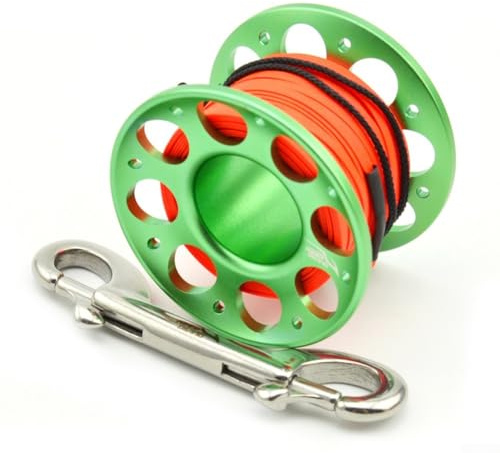 Besttoolifes Carrete de buceo submarino de aleación de aluminio de aviación de 15 m/30 m, con línea de polifibra de alta resistencia más acero inoxidable 316 de doble extremo para gancho (15 m, verde)