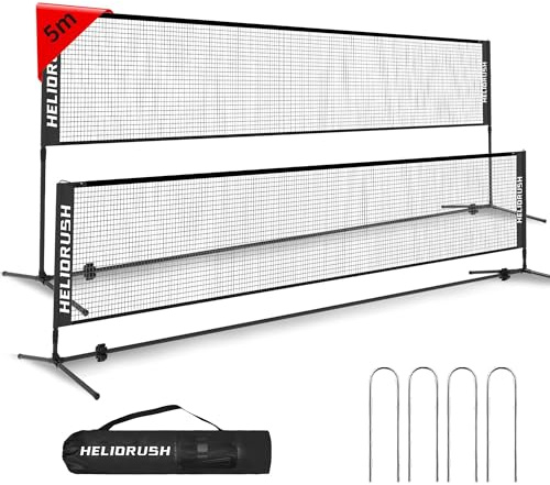 HELIORUSH Badmintonnetz Outdoor Höhenverstellbar, 5m Tragbares Volleyball Netz für Garten mit Stabiler Stahlrahmen & HDPE Netz, Federballnetz für Garten, Pool, Strand, Tennis, Kinder & Erwachsene