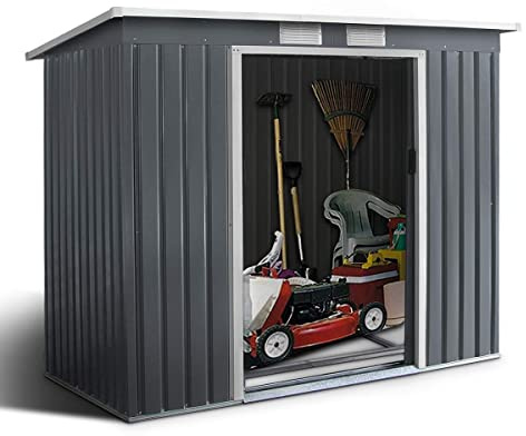 GOPLUS Metallutrustningshus 2,37 m², 213 x 130 x 173 cm enhetsskjul med skjutdörrar och fönster och fundament, galvaniserat väderbeständigt trädgårdshus för trädgård gård balkong, 4,1 m³