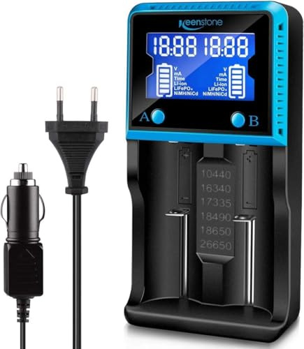 Keenstone Universal Akku Ladegerät, 18650 Akku Ladegerätmit 2 Schacht, LCD Smart Schnell Aufladen Batterieladegerät für NI-MH NI-CD AA AAA Li-Ion LiFePO4 IMR 10440 14500 16340 18650 RCR123 26650