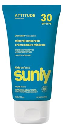 ATTITUDE Mineral Sunscreen for Baby and Kids, EWG Verified, Broad Spectrum UVA/UVB, Dermatologically Tested, Plant and Mineral-Based Formula, Vegan, SPF 30, Unscented, 5.2 Oz