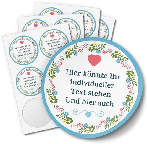 24 INDIVIDUELLE runde Etiketten SELBER GESTALTEN: Blumenkranz Herz Rahmen blau - Personalisierte Aufkleber für Taufe, Muttertag, Valentinstag, Produkte, Ostern, Weihnachten, Konfirmation, Geburtstag