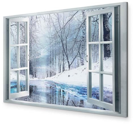 murando - Wandbilder XXL Fensterblick 120x80 cm 1 tlg - Wand Deko Vlies Leinwand Bilder Groß Wanddeko Wohnzimmer Schlafzimmer Kunstdrucke - Winter Wald Natur c-C-0408-b-a