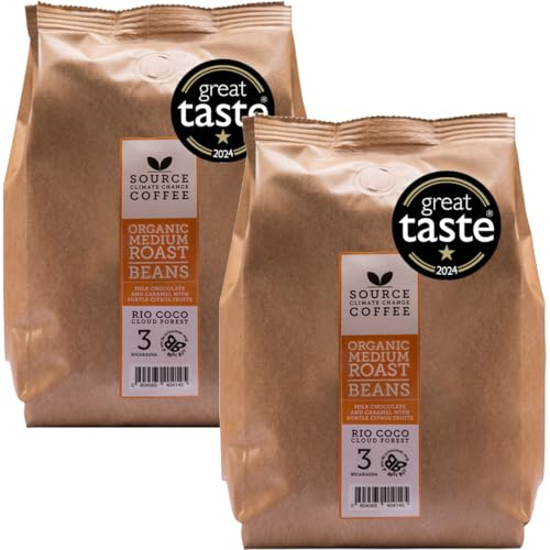 Café en grains de Source Climate Change Coffee - Spécialité Bio - 100% Arabica - Torréfaction médium - Primé par GREAT TASTE 2023 - Origine Nicaragua - Arômes aux notes pralinées - Paquet 1 kg