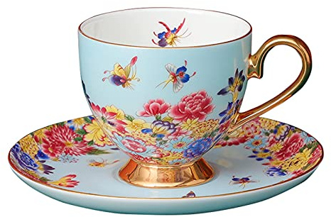 fanquare Bone China Coffee Cup and Saucer Set with Spoon, Flower and Butterfly Porcelain Tea Cup, Unique Birthday Gifts, Blue