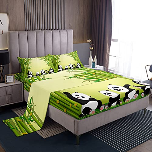 Set di biancheria da letto per ragazzi e ragazze con motivo di panda gigante e bambù verde, con 1 lenzuolo piano + 1 lenzuolo con angoli + 1 federe, per letto singolo