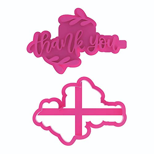 LissieLou Thank You with Leaves Cookie Cutter and Stamp Wedding Icing Stamp Fondant Embosser - Light Pink