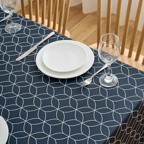 Dehaus® Wipe Clean Table Cloth - XL Navy Blue Geo Flow - Wipeable PVC Oilcloth Table Cover - Rectangular Plastic Vinyl Tablecloth - Water Resistant Easy Clean - Kitchen Dining Protector (300 x 140cm)