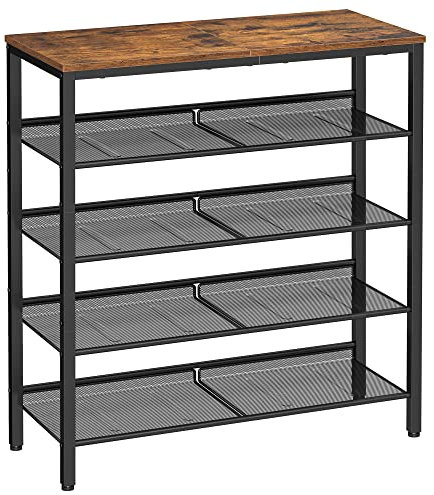 VASAGLE Schuhregal, Schuhablage, 5 Ebenen, große Oberfläche, verstellbare Gitterablagen, platzsparend für Eingangsbereich Flur, Metall, Industrie-Stil, vintagebraun-tintenschwarz LBS038B01