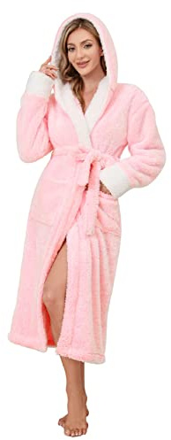 Nadeer Bata para Mujer Con Capucha, Bata De Baño para Mujer Bata De Felpa Suave para Mujer Bata De Casa Ropa De Salón Albornoz(Rosado,XL)