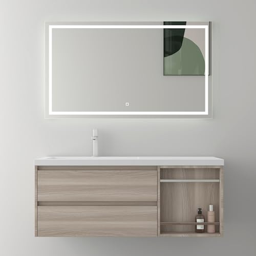 Mai & Mai Waschtisch mit Unterschrank Waschbecken-Unterschrank | Badmöbel-Set Waschbeckenunterschrank Softclose Al Oak 120x46x49cm inkl. Mineralguss Waschbecken und LED-Badspiegel Open