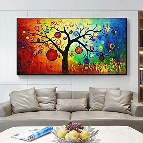 KADING Baum des Lebens Geldbaum Abstraktes Ölgemälde auf Leinwand Skandinavische Landschaft Poster und Drucke für Wohnzimmerdekoration 80 x 168 cm (32 x 67 Zoll) mit Rahmen