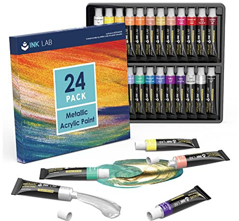 INK LAB Metallic Acrylfarben Set 24 x 12 ml, Metallische Acrylfarbe mit hoher Pigmentierung, Wasserdichte lichtbeständige acrylic paints für Papier, Leinwand, Handwerk, Ideal für Anfänger und Profis