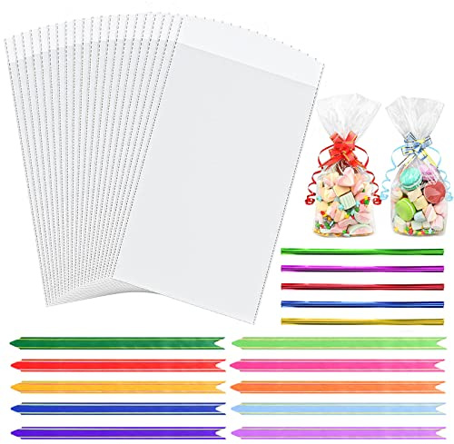 6x10 Inch Cellophone Bags,100 Colorful Pull Bows and 100 Ties, Perfect for Candy, Cookies, Christmas and Birthday Gifts