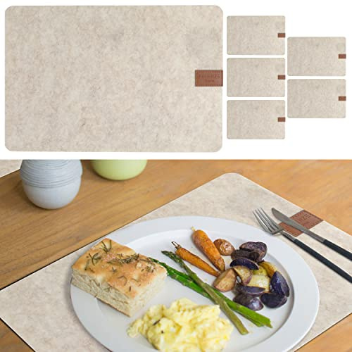 Tischset 6er Set mit Label | Filz 45x30cm beige runde Ecken abwaschbar | Tischdekoration Platzset (1 x 6er Set Tischset Label beige)