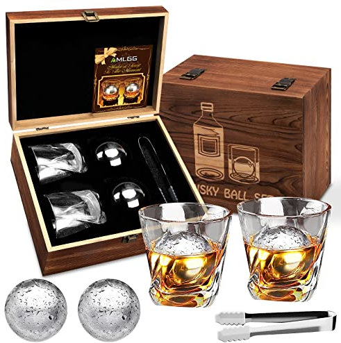 Set de Accesorios de Whisky, Regalos Originales para Hombre con 2 Vasos de Whisky, 2 Bolas de Whisky de Acero Inoxidable, Pinzas para Hielo - Cubitos Hielo Reutilizables, Regalo Hombre