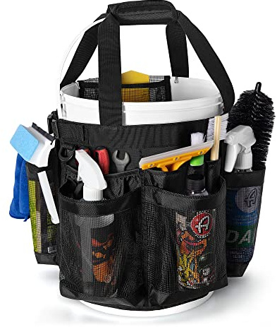 HODRANT 5 Gallon Bucket Organizer with Anti-fall Hooks & Buckle, Car Wash Bucket Caddy with Mesh Pockets, 5 Gallon Cleaning Bucket Accessories Bag for Home, Auto, Garden & Fishing Tools, Bag Only