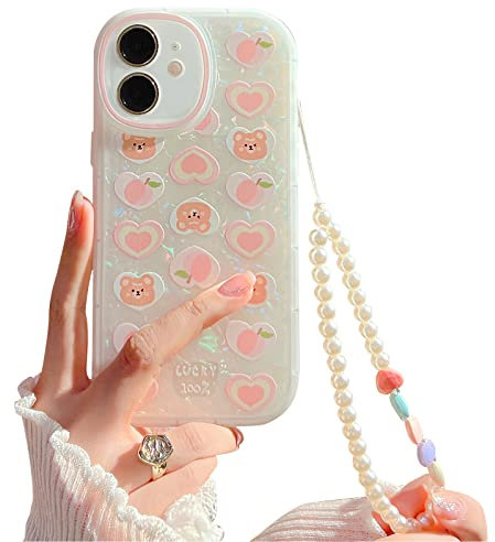 NITITOP Compatible for iphone 12 Case, Cute Cartoon Love Bear Peach with Heart Beaded Lanyard Wrist Strap for Women Girls, Shell Pattern Soft TPU- Pink Bear