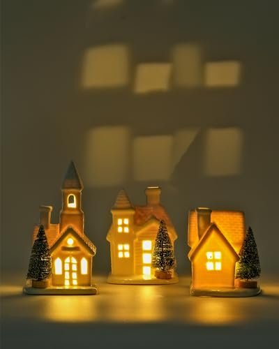 DN DECONATION Light up Christmas Decor Ceramic Village Houses, 3Pcs White