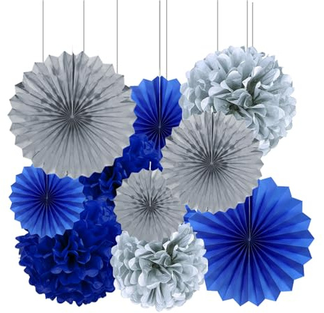 Vsosfiza Blau und Silbrig Hängender Papierfächer Dekoration und Seidenpapier Pompons Blau Silbrig für Party Deko(10 Stück)